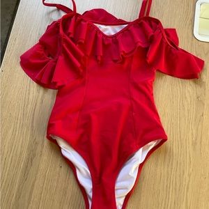 Red Ruffle Off-The-Shoulder One Piece Swimsuit